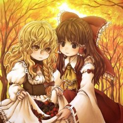 Rule 34 | 2girls, apron, apron lift, ascot, autumn, autumn leaves, berry, blonde hair, bow, braid, brown eyes, brown hair, cherry, clothes lift, detached sleeves, fingernails, food, forest, fruit, grapes, hair bow, hair tubes, hakurei reimu, juliet sleeves, karioda, kirisame marisa, light smile, long hair, long sleeves, looking at another, looking at viewer, lychee, multiple girls, nature, no headwear, pinecone, plum, puffy sleeves, single braid, skirt, skirt basket, skirt set, touhou, waist apron, yellow eyes