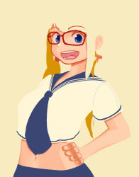 Rule 34 | 1girl, aged down, alternate costume, alternate hairstyle, bespectacled, blonde hair, blue eyes, blue neckwear, breasts, glasses, hand on own hip, heart, heart in mouth, highres, lineni, midriff, navel, open mouth, rainbow mika, red-framed eyewear, school uniform, serafuku, solo, street fighter, street fighter v, yellow background