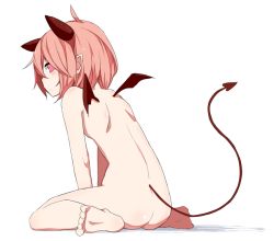 Rule 34 | 1girl, ass, bad id, bad pixiv id, barefoot, demon girl, demon tail, demon wings, feet, female focus, horns, leaning forward, looking back, nude, original, pink eyes, pink hair, short hair, simple background, sitting, soles, solo, tail, toes, wariza, white background, wings, wk (low-f)