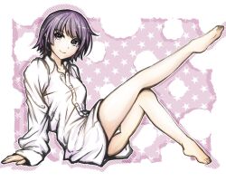 1girl arm_support bare_legs barefoot blue_eyes breasts closed_mouth collared_shirt eyelashes full_body knees_together_feet_apart leg_up legs long_sleeves looking_at_viewer medium_hair monogatari_(series) oversized_clothes oversized_shirt purple_background purple_hair senjougahara_hitagi shadow shirt sitting small_breasts smile soles solo star_(symbol) toes tsukihi_shida white_shirt