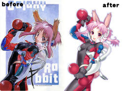 Rule 34 | 1girl, :d, animal ears, arm up, bad id, bad pixiv id, before and after, blush, bodysuit, cable, comparison, cyber punk, cyberpunk, dual wielding, dumbbell, exercising, flat chest, gloves, holding, mattaku mousuke, open mouth, pet, pink eyes, pink hair, rabbit, rabbit ears, rabbit tail, redrawn, retro artstyle, robot ears, short hair, signature, smile, standing, tail, traditional media, unzipped, weightlifting, weights, zipper