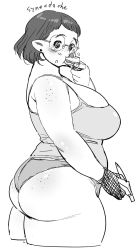 Rule 34 | 1girl, ass, blush, breasts, earrings, eating, food, glasses, gloves, highres, huge ass, jewelry, large breasts, personification, pointy ears, short hair, simple background, solo, sweets, synecdoche, thick thighs, thighs, white background, wide hips