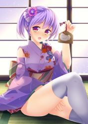 Rule 34 | 1girl, absurdres, between legs, brown eyes, collarbone, detached sleeves, grey thighhighs, hair ornament, hand between legs, highres, indoors, japanese clothes, kimono, looking at viewer, miyashita maka, new year, one side up, open mouth, original, purple hair, sash, short hair, short kimono, short yukata, sitting, solo, thighhighs, yukata