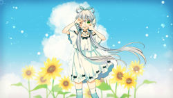 Rule 34 | asymmetrical legwear, blue sky, bow, cloud, commentary, cowboy shot, day, dress, dress bow, finger frame, flower, frilled dress, frills, green eyes, hair ribbon, hair rings, hands up, highres, jewelry, long hair, luo tianyi, mismatched legwear, mizutamako, necklace, one eye closed, outdoors, parted lips, ribbon, short hair with long locks, silver hair, sky, star (symbol), sunflower, thighhighs, very long hair, vocaloid, vocanese, white dress, wing ornament