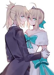 Rule 34 | 2girls, aqua ribbon, artoria pendragon (all), artoria pendragon (fate), backlighting, blonde hair, closed mouth, dress, fate/apocrypha, fate/stay night, fate (series), formal, gloves, green eyes, hair between eyes, hair ribbon, half updo, long hair, long sleeves, looking at viewer, looking back, mordred (fate), mordred (fate/apocrypha), mordred (formal dress) (fate), multiple girls, official alternate costume, parted lips, ponytail, ribbon, saber (fate), saber (formal dress) (fate), sidelocks, simple background, smile, suit, white background, white dress, white gloves, yorukun
