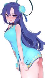 Rule 34 | 1girl, absurdres, alternate costume, alternate hairstyle, ass, bare arms, bare shoulders, black halo, blue archive, blue dress, blue eyes, blue hair, blush, bun cover, china dress, chinese clothes, commentary request, cowboy shot, double bun, dress, embarrassed, hair bun, halo, highres, long hair, looking at viewer, open mouth, parted bangs, red pupils, short dress, simple background, skirt hold, sleeveless, sleeveless dress, solo, sutora binsuke, thick thighs, thighs, twisted torso, wavy mouth, white background, yuuka (blue archive)