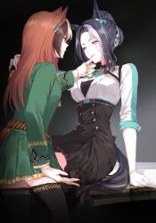 Rule 34 | 2girls, animal ears, ascot, belt, black hair, black skirt, black thighhighs, breasts, brown hair, cleavage, epaulettes, eye contact, finger to another&#039;s mouth, gloves, gradient background, green jacket, green skirt, grey eyes, hair bun, hair ornament, high-waist skirt, horse ears, horse girl, horse tail, jacket, long hair, long sleeves, looking at another, medium breasts, mejiro ramonu (umamusume), mole, mole under eye, multicolored hair, multiple girls, parted lips, romi (346 ura), shirt, shirt tucked in, short hair, single epaulette, skirt, sleeves pushed up, small breasts, smile, standing, streaked hair, symboli rudolf (umamusume), tail, thighhighs, umamusume, white gloves, white shirt, yuri