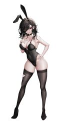 Rule 34 | 1girl, absurdres, animal ears, bare arms, bare shoulders, black choker, black hair, black leotard, black thighhighs, breasts, choker, cigarette, cleavage, closed mouth, covered navel, fake animal ears, full body, hand on own hip, highleg, highleg leotard, highres, leotard, medium hair, original, playboy bunny, rabbit ears, red eyes, sagatin, simple background, smoking, solo, standing, thighhighs, thighs, torn clothes, torn thighhighs, white background
