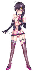 Rule 34 | 10s, 1girl, :q, ahoge, alternate costume, alternate eye color, bad id, bad pixiv id, black hair, blush, braid, breasts, cleft of venus, clitoris slip, collar, corset, cross-laced clothes, dark persona, detached collar, full body, garter straps, glint, gloves, hair between eyes, hair flaps, hair ornament, hair over shoulder, hairpin, high heels, highres, kantai collection, leather, leather gloves, long hair, looking at viewer, medium breasts, micro panties, midriff, navel, nipple slip, nipples, panties, panty pull, pubic tattoo, puririn, pussy, pussy peek, shigure (kancolle), shigure kai ni (kancolle), simple background, single braid, skindentation, smile, solo, stomach, tattoo, thighhighs, tongue, tongue out, uncensored, underwear, white background