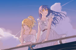 2girls absurdres alternate_costume arm_support ayase_eli belt blonde_hair blue_eyes blue_hair blue_sky brown_belt closed_mouth cloud collarbone contrail cowboy_shot double-parted_bangs dress floating_hair frilled_dress frills from_below hair_between_eyes hair_intakes half-closed_eyes hand_on_railing high_ponytail highres looking_up love_live! multiple_girls off_shoulder open_mouth parted_bangs ponytail raised_eyebrows ribbon scrunchie sky sleeveless sleeveless_dress smile sonoda_umi sunset tucking_hair white_dress white_ribbon white_scrunchie yellow_eyes yudong_rin