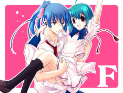 Rule 34 | 00s, 1boy, 1girl, arm up, black socks, blue bow, blue bowtie, blue hair, bow, bowtie, carrying, collared shirt, green hair, kneehighs, loafers, looking at viewer, macross, macross frontier, ponytail, princess carry, puffy short sleeves, puffy sleeves, ranka lee, red eyes, saotome alto, shirt, shoes, short hair, short sleeves, socks, vanilla (artist), vanilla (nicolla), white shirt