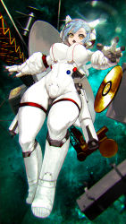 Rule 34 | 1girl, blue hair, chromatic aberration, eyelashes, floating, floating hair, floating object, gloves, highres, hiragana oufu, looking at viewer, open mouth, original, short hair, solo, space, space station, spacesuit, star-shaped pupils, star (symbol), symbol-shaped pupils, white gloves, yellow eyes