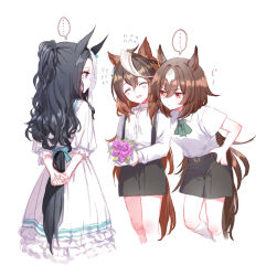 Rule 34 | ..., 3girls, aged down, animal ears, arms behind back, ascot, black hair, black shorts, bouquet, breasts, brown hair, closed eyes, closed mouth, collared shirt, cropped legs, dress, flat chest, flower, flying sweatdrops, glaring, green ascot, holding, holding bouquet, horse ears, horse girl, horse tail, long hair, long sleeves, looking at another, mejiro ramonu (umamusume), mole, mole under eye, multiple girls, own hands together, ponytail, romi (346 ura), shirt, shirt tucked in, short hair, short sleeves, shorts, simple background, sirius symboli (umamusume), small breasts, spoken ellipsis, suspender shorts, suspenders, symboli rudolf (umamusume), tail, umamusume, v-shaped eyebrows, white background, white dress, white shirt