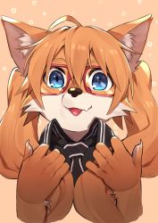 Rule 34 | 1girl, absurdres, ahoge, animal ears, black necktie, black shirt, blue eyes, brown fur, commentary request, cropped shoulders, face, fingernails, fox ears, furry, furry female, glasses, hands up, highres, holding, holding own hair, kameno sachi, long hair, looking at viewer, necktie, original, red-framed eyewear, sharp fingernails, shirt, solo, tongue, tongue out, twintails, wing collar
