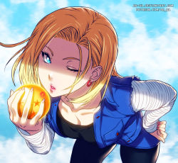 Rule 34 | 1girl, android 18, ar-ua, artist name, bent over, blonde hair, blue eyes, breasts, cleavage, colorized, deviantart username, downblouse, dragon ball, dragon ball (object), dragonball z, earrings, hand on own hip, highres, hikapan, jewelry, lips, nail polish, one eye closed, pantyhose, patreon, patreon username, saeki shun, solo, tosh (imonade ryouchou), vest, watermark, web address