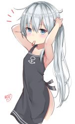 Rule 34 | 1girl, adjusting hair, akino ell, apron, arms up, bare arms, bare shoulders, black apron, blue eyes, blush, bunching hair, closed mouth, hair between eyes, hair tie, hair tie in mouth, hibiki (kancolle), highres, kantai collection, long hair, mouth hold, naked apron, notice lines, ponytail, sidelocks, signature, silver hair, solo, very long hair