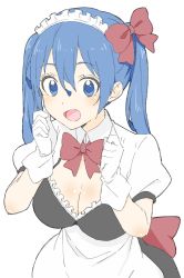 Rule 34 | 1girl, :d, absurdres, apron, bad id, bad twitter id, black dress, blue eyes, blue hair, blush, bow, breasts, cleavage, donguri suzume, dress, gloves, hair between eyes, hair bow, hands up, highres, large breasts, maid, maid headdress, open mouth, original, puffy short sleeves, puffy sleeves, short sleeves, simple background, smile, solo, twintails, upper body, waist apron, white background, white gloves