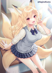 Rule 34 | 1girl, animal ear fluff, animal ears, arm support, artist name, blonde hair, blue bow, blue bowtie, blush, bow, bowtie, breasts, collar, commission, eyelashes, fingernails, fox ears, fox girl, fox shadow puppet, fox tail, grey sweater vest, hagino kouta, indoors, kitsune, kyuubi, large breasts, large ears, long hair, long sleeves, looking at viewer, miniskirt, multiple tails, open mouth, original, pinstripe bow, plaid, plaid skirt, pleated skirt, red eyes, school uniform, shirt, sidelocks, sitting, sitting on table, skeb commission, skirt, smile, solo, sweater vest, tail, twitter username, wavy hair, white collar, white shirt, yellow tail