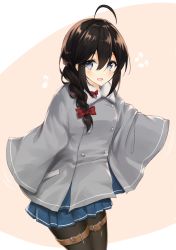 Rule 34 | 1girl, :d, absurdres, ahoge, bad id, bad twitter id, black hair, blue eyes, blue skirt, bow, braid, brown background, brown pantyhose, coat, cosplay, cowboy shot, etorofu (kancolle), etorofu (kancolle) (cosplay), grey coat, hair between eyes, hair bow, hair over shoulder, highres, kantai collection, looking at viewer, open mouth, pantyhose, pleated skirt, red bow, school uniform, serafuku, shigure (kancolle), side braid, single braid, skirt, smile, solo, thigh strap, uzuki tsukuyo, white background
