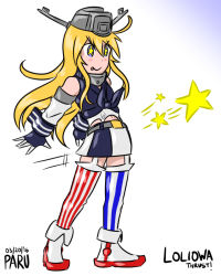 Rule 34 | &gt;:), &gt;:p, 10s, 1girl, :p, admiral paru, artist name, asymmetrical legwear, blonde hair, commentary, dated, detached sleeves, english text, headgear, iowa (kancolle), kantai collection, long hair, mismatched legwear, navel, solo, star-shaped pupils, star (symbol), symbol-shaped pupils, thighhighs, tongue, tongue out, v-shaped eyebrows, aged down