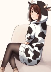 Rule 34 | 1girl, animal costume, animal ears, black pantyhose, blush, brown background, brown eyes, brown hair, brown socks, closed mouth, commentary request, cow costume, cow ears, cow hood, cow horns, ear tag, fake animal ears, fake horns, feet out of frame, highres, horns, kapatarou, looking at viewer, looking back, original, pantyhose, short sleeves, simple background, sitting, socks, socks over pantyhose, solo