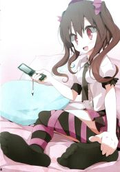 Rule 34 | 1girl, black socks, black thighhighs, blush, bow, brown hair, brush, cellphone, checkered clothes, checkered skirt, cushion, feet, hair bow, hair ornament, hands on feet, hat, highres, himekaidou hatate, long hair, necktie, no shoes, non-web source, on bed, oouso, open mouth, phone, puffy sleeves, red eyes, ribbon, scan, shirt, short sleeves, sitting, skirt, smile, socks, soles, solo, thighhighs, toes, tokin hat, touhou, twintails, vest