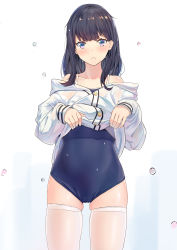 Rule 34 | 10s, 1girl, :&lt;, absurdres, bare shoulders, black hair, blue background, blue eyes, blue one-piece swimsuit, blush, cardigan, cardigan lift, closed mouth, collarbone, commentary, competition school swimsuit, cowboy shot, darcy (pixiv11949485), english commentary, gradient background, gridman universe, highres, lifting own clothes, long hair, long sleeves, looking at viewer, off shoulder, one-piece swimsuit, school swimsuit, skindentation, solo, ssss.gridman, swimsuit, swimsuit under clothes, takarada rikka, thighhighs, thighs, v-shaped eyebrows, water, wet, white cardigan, white thighhighs