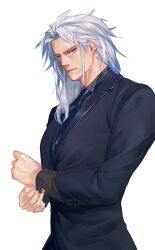 Rule 34 | 1boy, adjusting clothes, alternate costume, black necktie, black shirt, black suit, collared shirt, cuff links, final fantasy, final fantasy i, formal, from side, frown, highres, light frown, long hair, male focus, muscular, muscular male, necktie, nini tw99, purple eyes, serious, shirt, sideways glance, simple background, solo, standing, suit, warrior of light (ff1), white background, white hair
