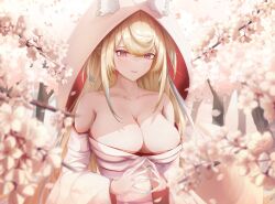 Rule 34 | 1girl, absurdres, animal ear fluff, animal ears, blonde hair, blue hair, blue nails, breasts, cherry blossoms, cleavage, clothing request, dog ears, dog girl, fuwawa abyssgard, highres, hololive, hololive english, large breasts, long hair, looking at viewer, nail polish, omaigoodgoodeat, open mouth, pink eyes, sidelocks, smile, two side up, virtual youtuber