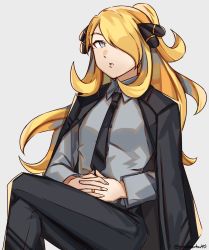 Rule 34 | 1girl, alternate costume, black jacket, black necktie, black pants, blonde hair, collared shirt, commentary, creatures (company), crossed legs, cynthia (pokemon), fingernails, game freak, graysheartart, grey background, grey eyes, grey shirt, hair ornament, hair over one eye, hands on lap, heart, highres, interlocked fingers, jacket, jewelry, long hair, necktie, nintendo, open clothes, open jacket, own hands together, pants, parted lips, pokemon, pokemon dppt, ring, shirt, sideways glance, signature, solo