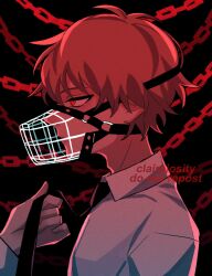 Rule 34 | 1boy, 1other, artist name, black background, black necktie, blonde hair, chain, chainsaw man, claireiosity, collared shirt, denji (chainsaw man), highres, holding necktie, looking to the side, muzzle, necktie, out of frame, red eyes, red theme, shirt, short hair, solo focus, white shirt