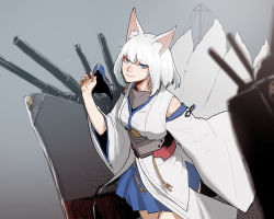 Rule 34 | 1girl, animal ears, azur lane, blue eyes, blue skirt, cannon, closed mouth, cowboy shot, eyeshadow, fingernails, fox ears, fox mask, fox tail, gogalking, grey background, hand up, highres, holding, holding mask, kaga (azur lane), long sleeves, looking at viewer, machinery, makeup, mask, unworn mask, medium hair, multiple tails, rigging, skirt, smile, solo, standing, tail, white hair, wide sleeves