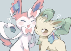 Rule 34 | :3, ^ ^, animal focus, blush, blush stickers, bow, bowtie, brown sclera, cheek-to-cheek, closed eyes, colored sclera, creatures (company), fang, game freak, gen 4 pokemon, gen 6 pokemon, grey background, hair bow, happy, heads together, heart ribbon, highres, leafeon, looking at another, mame (pixiv 57985908), nintendo, no humans, notched ear, one eye closed, open mouth, pink bow, pink bowtie, pokemon, pokemon (creature), ribbon, simple background, sitting, smile, standing, sylveon, upper body, white eyes, white ribbon