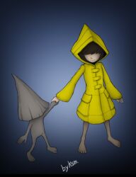 Rule 34 | 1girl, 1other, barefoot, dugrant, hair over eyes, holding hands, little nightmares, nomes (little nightmares), signature, simple background, six (little nightmares), yellow raincoat