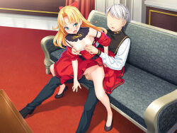 Rule 34 | 1boy, 1girl, black footwear, blonde hair, blue eyes, blush, bow, breasts, censored, clothes lift, clothes pull, couch, detached collar, dress, dress lift, dress pull, grey hair, hair bow, hetero, highres, indoors, ino (magloid), long hair, long sleeves, mosaic censoring, nipple pull, nipple stimulation, nipple tweak, nipples, no eyes, non-web source, open mouth, original, red bow, red dress, reverse upright straddle, sex, sex from behind, sitting, small breasts, vaginal, vest