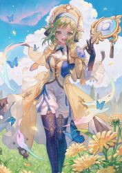 Rule 34 | 1girl, bad id, bad twitter id, boots, bug, butterfly, cloud, cloudy sky, commentary, copyright request, cross-laced footwear, day, dress, flower, gloves, green eyes, green hair, hat, highres, insect, lace-up boots, looking at viewer, maccha (mochancc), outdoors, sky, smile, solo, sunflower, tagme, tassel, thigh boots, thighhighs, yellow dress
