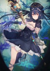 Rule 34 | 1girl, alice (sinoalice), blue hair, breasts, buttons, cleavage, detached collar, dress, elbow gloves, eyelashes, frills, full body, gloves, hat, highres, holding, kikkaiki, patterned clothing, puffy short sleeves, puffy sleeves, rabbit head, red eyes, rod, short hair, short sleeves, sinoalice, solo, strap, thighhighs, top hat, weapon