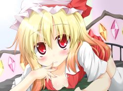 Rule 34 | 1girl, blonde hair, blush, bow, breasts, collarbone, covered erect nipples, finger to mouth, flandre scarlet, girl on top, hat, hat bow, highres, looking at viewer, medium breasts, oden (th-inaba), open clothes, open collar, open shirt, red eyes, shirt, slit pupils, thighhighs, touhou, white thighhighs, wings
