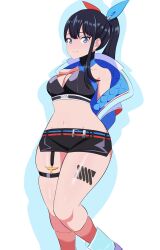 Rule 34 | 1girl, absurdres, arms behind back, bare shoulders, black hair, black skirt, blue eyes, blue jacket, blue ribbon, blush, breasts, cleavage, cleavage cutout, clothing cutout, collarbone, criss-cross halter, gridman universe, h ammer91, hair ribbon, halterneck, highres, jacket, large breasts, long hair, looking at viewer, microskirt, multicolored clothes, multicolored jacket, multicolored ribbon, navel, off shoulder, official alternate costume, official alternate hairstyle, open clothes, open jacket, open mouth, pencil skirt, ponytail, red ribbon, ribbon, sidelocks, simple background, single sidelock, skindentation, skirt, smile, ssss.gridman, stomach, takarada rikka, takarada rikka (solarain toys), thick thighs, thigh strap, thighs, white background, white jacket, wide hips