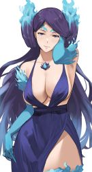 Rule 34 | 1girl, bare shoulders, blue fire, breasts, brighid (xenoblade), center opening, cleavage, collarbone, dress, elbow gloves, fiery hair, fire, gloves, highres, j@ck, large breasts, long hair, looking at viewer, purple dress, purple eyes, purple hair, smile, solo, very long hair, xenoblade chronicles (series), xenoblade chronicles 2