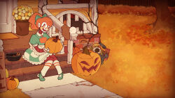 Rule 34 | 1girl, apron, autumn leaves, bow, broken, bush, checkered clothes, decorations, dress, flower, frilled dress, frills, full body, glowing, glowing eyes, hair bow, halloween costume, highres, holding, jack-o&#039;-lantern, original, plant, pointy ears, ponytail, pumpkin, robot girl, sidewalk, sitting, socks, solo, stairs, striped, sunflower, tree, uncle-cucky, vertical stripes, vines, watering can