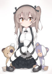 Rule 34 | 10s, 1girl, bandages, black footwear, black skirt, blush, boko (girls und panzer), bow, bowtie, brown eyes, brown hair, collared shirt, doorknoble, dress, girls und panzer, hair between eyes, hair ribbon, hairband, highres, knees up, layered skirt, long hair, long sleeves, looking at viewer, mary janes, multiple girls, pantyhose, pinafore dress, ribbon, shimada arisu, shirt, shoes, side ponytail, simple background, sitting, skirt, sleeveless, sleeveless dress, solo, striped clothes, striped pantyhose, stuffed animal, stuffed toy, suspender skirt, suspenders, teddy bear, white background, white shirt