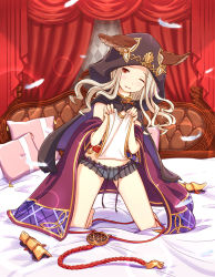 Rule 34 | 10s, 1girl, animal ears, armor, bed sheet, cloak, ears through headwear, feathers, granblue fantasy, hood, hooded cloak, kneeling, long hair, looking at viewer, microskirt, midorinocha, on bed, one eye closed, pillow, red eyes, scathacha (granblue fantasy), see-through, skirt, smile, solo, white hair