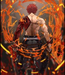 Rule 34 | 1boy, back, bad id, bad twitter id, blurry, depth of field, emiya shirou, facing away, fate/grand order, fate (series), fire, from behind, holding, holding weapon, igote, kdm (ke dama), limited/zero over, male focus, pants, red hair, senji muramasa (fate), solo, standing, sword, toned, toned male, topless male, weapon, wristband