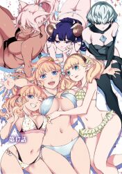 Rule 34 | 6+girls, amber idonokan, animal ears, bikini, blonde hair, blue eyes, blue hair, breast press, breasts, cat ears, cleavage, clenched teeth, dark-skinned female, dark skin, expressionless, feet out of frame, female focus, frilled bikini, frills, from above, granat needakitta, grey hair, groin, hand on own cheek, hand on own face, happy, high ponytail, highres, horns, kekkon yubiwa monogatari, large breasts, legs, long hair, looking at viewer, lying, maybe, medium breasts, morion (kekkon yubiwa monogatari), multiple girls, navel, nephrites lomka, nonaka himeno, official art, on stomach, one eye closed, one side up, open mouth, pink hair, pointy ears, purple eyes, saphir maasa, short hair, sitting, small breasts, smile, swimsuit, teeth, thighhighs, thighs, twintails, wink, yellow eyes