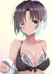 Rule 34 | 1girl, ;), asakura toru, bad id, bad pixiv id, bare shoulders, bikini, black bikini, black bow, black bra, black hair, blue eyes, blue hair, blush, bow, bra, breasts, cleavage, closed mouth, collarbone, commentary request, earrings, gradient hair, highres, idolmaster, idolmaster shiny colors, jewelry, lace, lace-trimmed bra, lace trim, long sleeves, looking at viewer, medium breasts, multicolored hair, noto kurumi, off shoulder, one eye closed, parted lips, short hair, simple background, smile, solo, swimsuit, underwear, upper body, white background