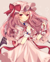 Rule 34 | 1girl, :3, alternate hair length, alternate hairstyle, back bow, bat wings, black wings, blue gemstone, blush, bow, closed mouth, cowboy shot, dress, gem, grey background, hat, hat bow, highres, holding, holding hair, long hair, looking at viewer, mob cap, nail polish, pink dress, pink hat, puffy short sleeves, puffy sleeves, purple hair, red bow, red eyes, red nails, remilia scarlet, sash, short sleeves, simple background, smile, solo, touhou, v-shaped eyebrows, very long hair, wings, wrist cuffs, yedan999
