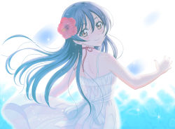 Rule 34 | 1girl, back, bare shoulders, bikini, bikini under clothes, blue hair, blush, closed mouth, commentary request, dress, flower, from behind, h.i.t (59-18-45), hair between eyes, hair flower, hair ornament, long hair, looking at viewer, looking back, love live!, love live! school idol festival, love live! school idol project, outdoors, red bikini, red flower, see-through, sleeveless, sleeveless dress, smile, solo, sonoda umi, swimsuit, swimsuit under clothes, white dress, yellow eyes
