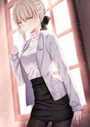 Rule 34 | 1girl, alternate costume, artoria pendragon (all), artoria pendragon (fate), black ribbon, black skirt, blonde hair, braid, braided bun, closed mouth, commentary request, contemporary, expressionless, fate/grand order, fate/stay night, fate (series), hair bun, hair ribbon, high-waist skirt, highres, indoors, jacket, long sleeves, looking at viewer, meltymaple, pantyhose, ribbon, saber alter, sidelocks, single hair bun, skirt, solo, standing, sweater, turtleneck, turtleneck sweater, white jacket, window, yellow eyes