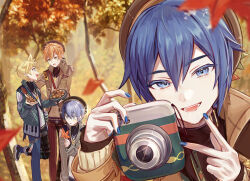 Rule 34 | 4boys, absurdres, aoyagi touya, autumn, autumn leaves, blonde hair, blue eyes, blue hair, blue nails, blurry, blurry background, brown coat, camera, coat, colored eyelashes, green eyes, hair between eyes, hat, highres, holding, holding camera, holding clothes, holding hat, holding leaf, kagamine len, kaito (vocaloid), leaf, looking at another, looking at viewer, male focus, maple leaf, mole, mole under eye, multiple boys, nail polish, nut (food), open mouth, orange hair, project sekai, purple hair, shinonome akito, short hair, smile, standing, sweatdrop, tree, v, vocaloid, vs0mr